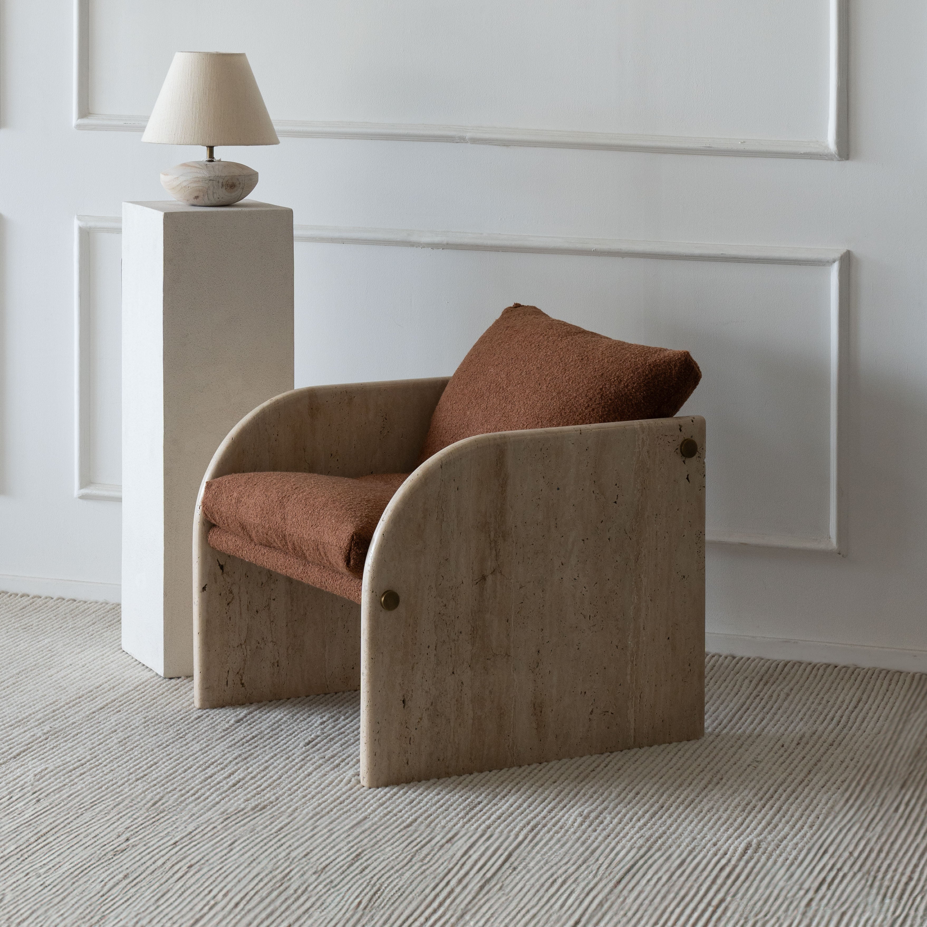 Palm Armchair-Boucle Brown with Travertine Marble Frame - Wood and Steel Furnitures